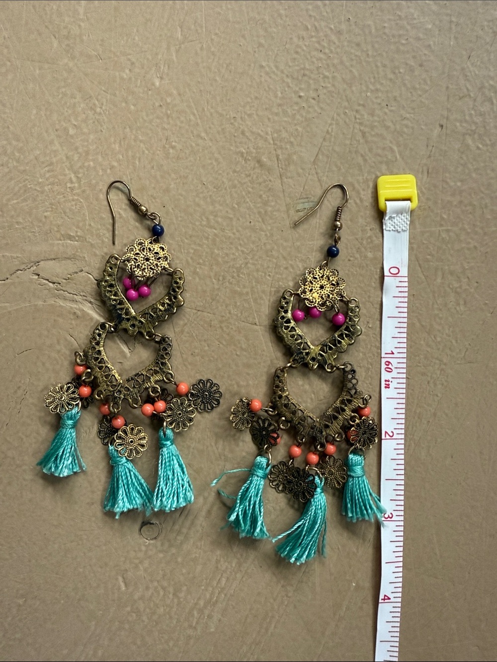 Boho Heart Filigree Tassel Earrings in Turquoise & Coral